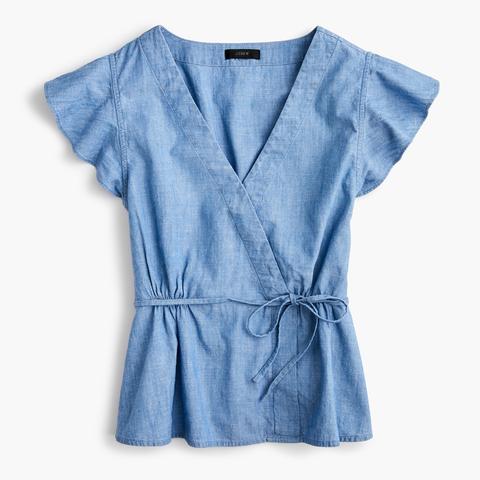 Tall Flutter-sleeve Wrap Top In Chambray