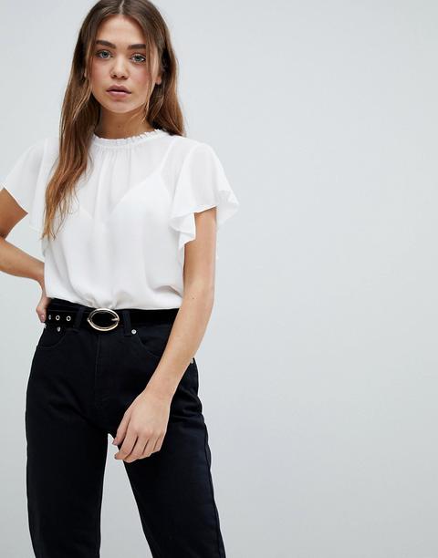 Boohoo - Blusa Basic Bianca Con Maniche A Volant - Bianco