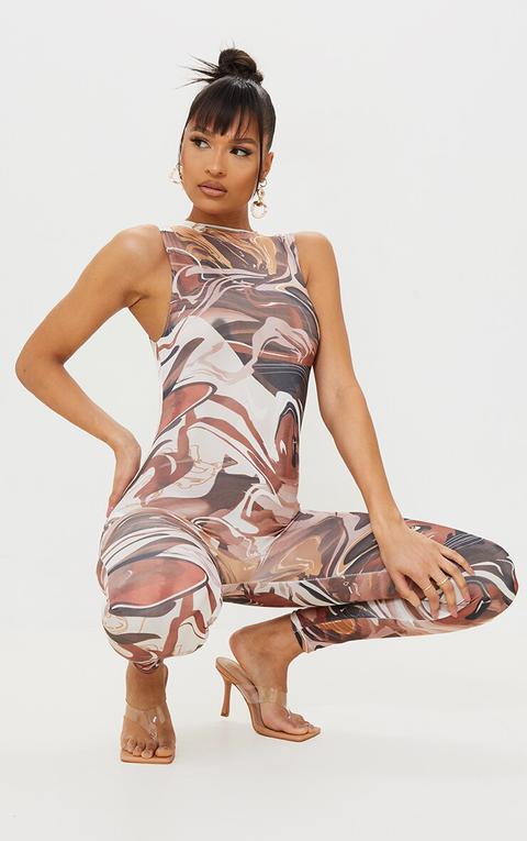 Chocolate Abstract Print High Neck Sleeveless Jumpsuit