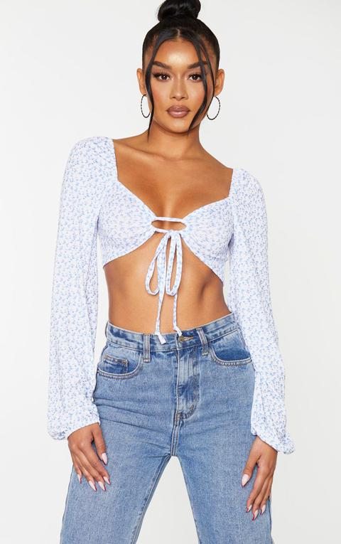 White Ditsy Print Ring Tie Crop Top