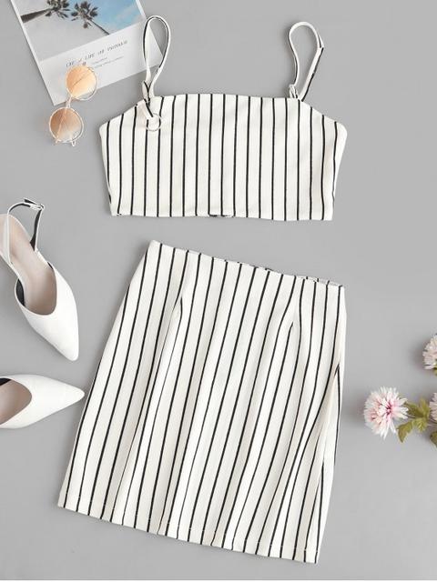 Conjunto De Top Corto A Rayas Y Falda Cremallera Frontal White