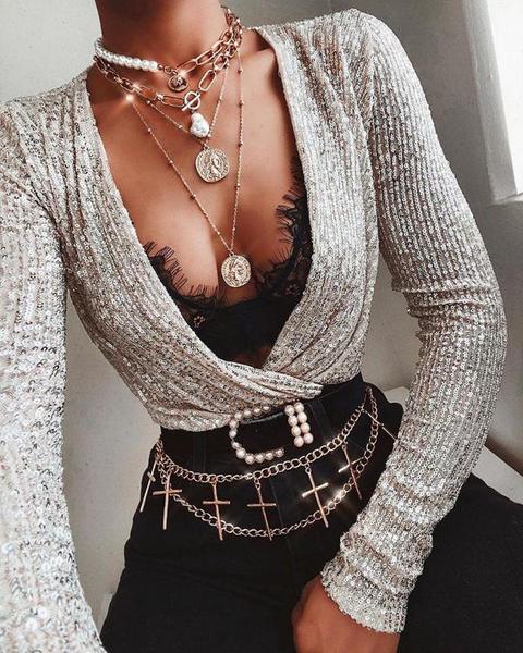 Long Sleeve Sequins Bodysuit