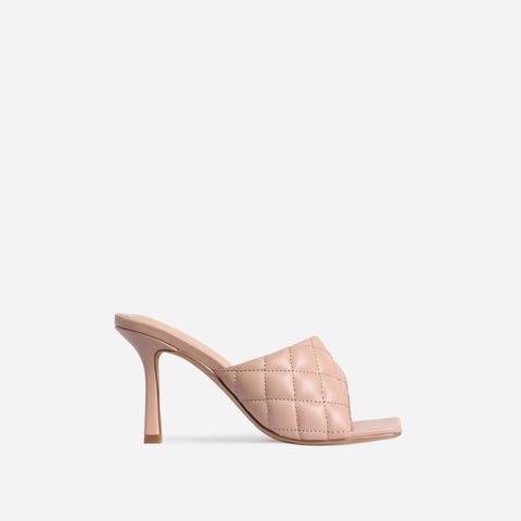 Tropez Square Toe Quilted Heel Mule In Nude Faux Leather, Nude