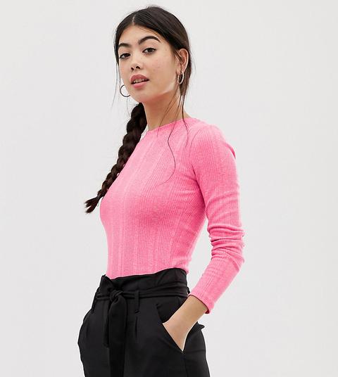 New Look Petite Rib Crew Neck Top In Neon Pink - Pink