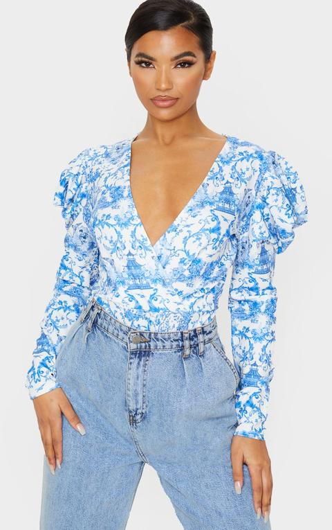 Blue Ornate Floral Crepe Puff Sleeve Deep Plunge Bodysuit