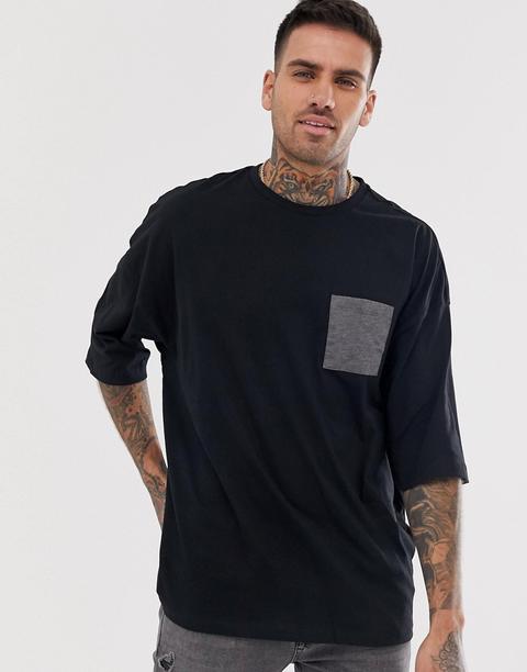 Camiseta Extragrande Negra En Tejido Orgánico Con Bolsillo En Contraste De Asos Design-negro