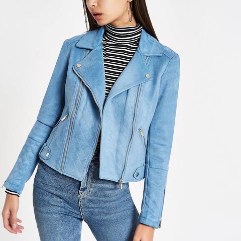 Blue Suede Quilted Biker Jacket