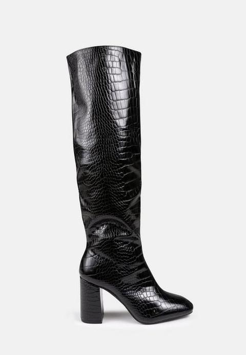 Black Croc Effect Block Heel Knee High Boots, Black