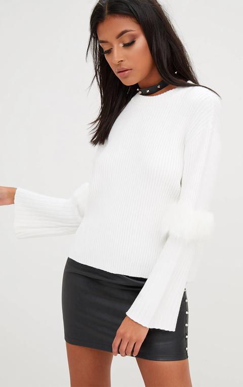 White Faux Fur Detail Jumper, White