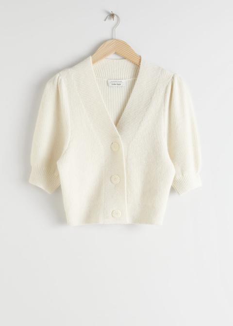 Puff Sleeve Wool Blend Cardigan - White