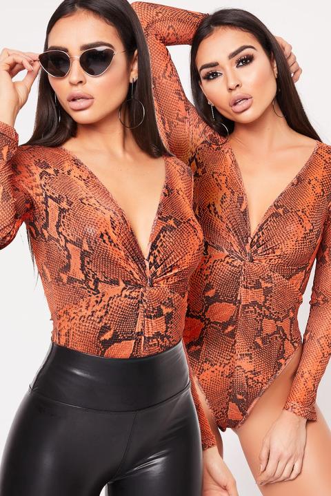 Cindy Orange Snake Print Twist Front Mesh Bodysuit