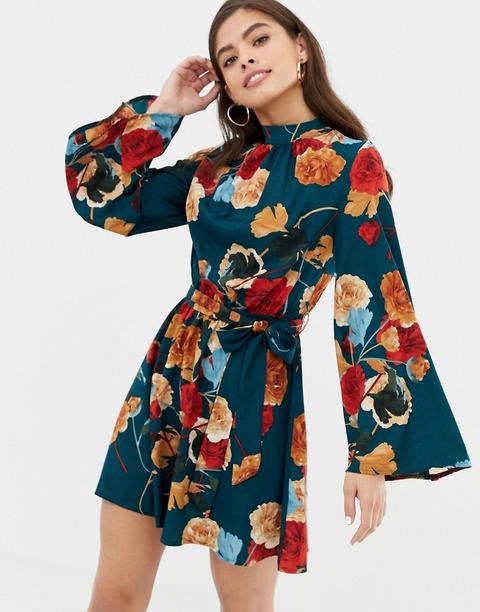 Parisian - Vestito A Fiori Accollato Allacciato In Vita - Multicolore