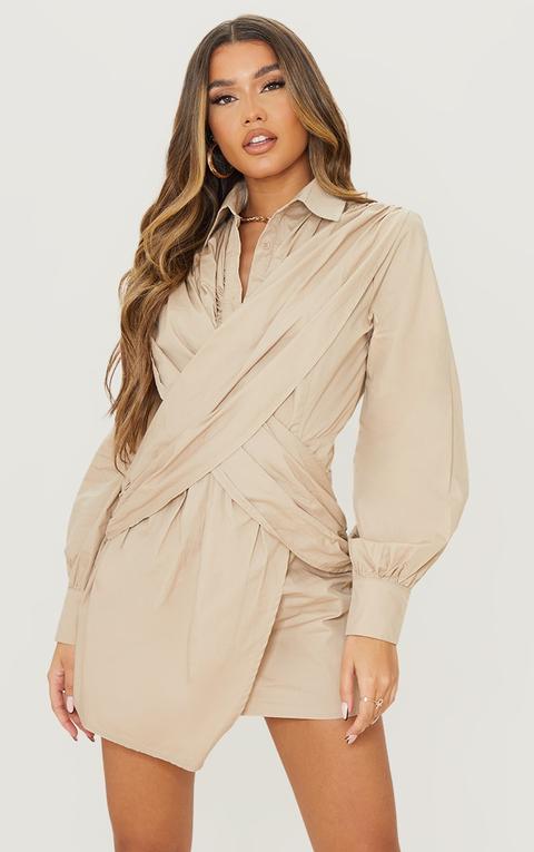 Stone Cotton Ruched Wrap Front Shirt Dress