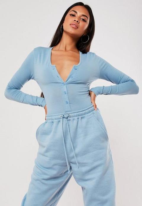 Blue V Neck Button Front Bodysuit, Blue