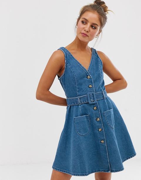 Vestido Skater De Denim Con Parte Delantera Abotonada Y Cinturón En Azul De Asos Design