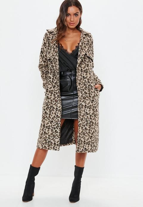 Brown Leopard Print Belted Faux Wool Trench