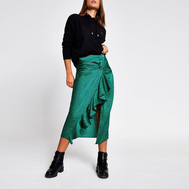 Green leopard print split front midi skirt sale