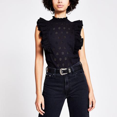 Black Broderie Frill Cold Shoulder Top