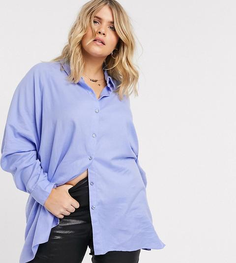 Asos Design Curve Long Sleeve Boyfriend Shirt In Blue-no Colour