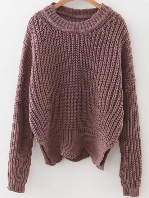 Brown Round Neck Asymmetrical Hem Sweater