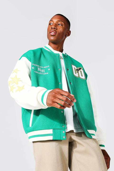 Mens Green Oversized Exclusive Badge Varsity Bomber, Green