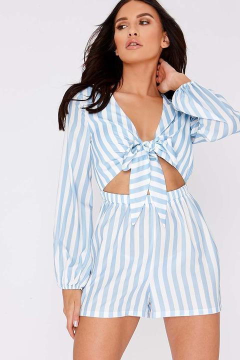 Blue Playsuits - Charlotte Crosby Blue Striped Tie Front Playsuit