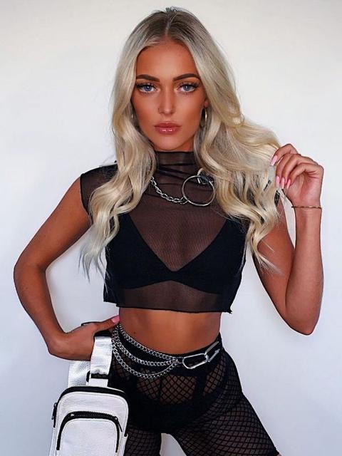 Krystal Hem Mesh Crop Top In Black
