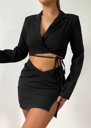 Tie Waist Cropped Blazer And Side Split Mini Skirt Co-ord Set Black