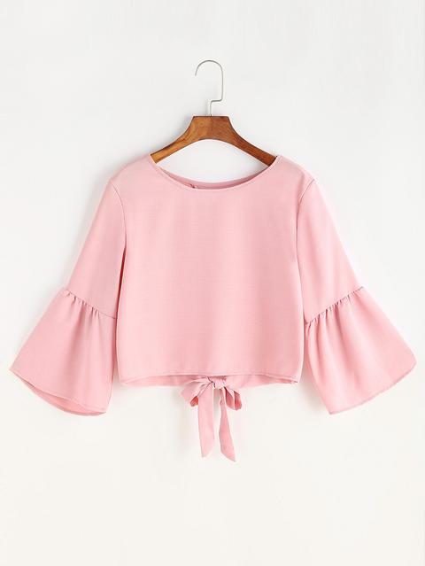 Blusa De Mangas Acampanadas Con Cordón De Lazo - Rosa