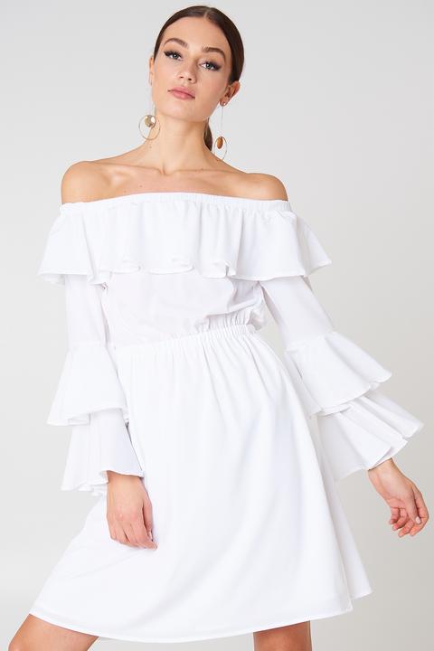 white flowy off shoulder dress