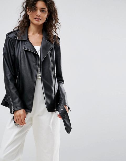 Asos Longline Biker Jacket In Faux Leather