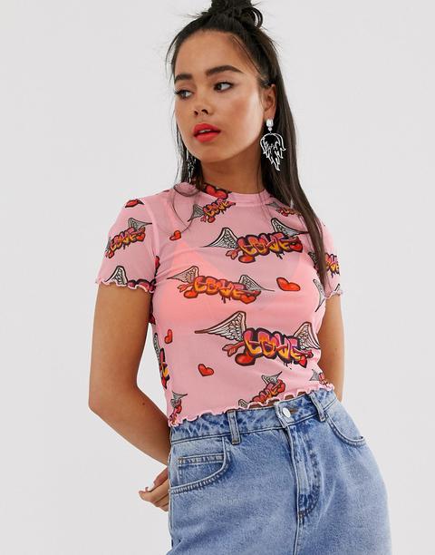 Bershka Love Print Tshirt In Pink