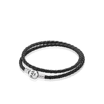 Bracciale In Pelle Intrecciata Nera, Giro Doppio