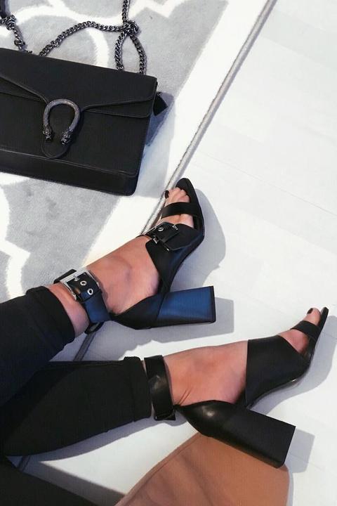 black buckle block heels