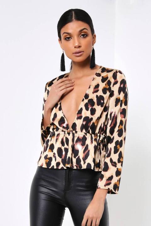 Leopard Print Deep Plunge Long Sleeve Shirt