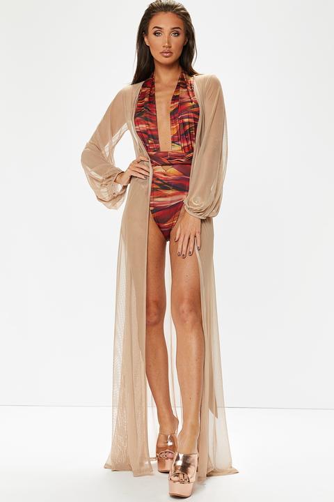 Megan Mckenna Nude Mesh Belted Long Kimono