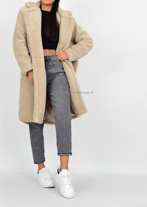 Manteau Long Beige Effet Peau De Mouton