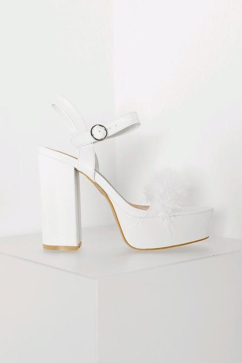 White Faux Fur Platform Block Heels