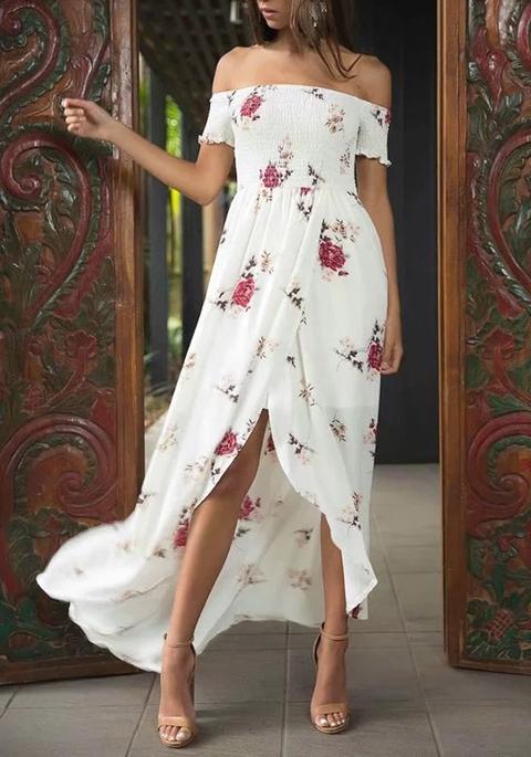 Maxi Vestito Motivo A Fiori Drappeggio Drappeggiato Sulla Spiaggia Bohémien Senza Schienale Spalla Bianco