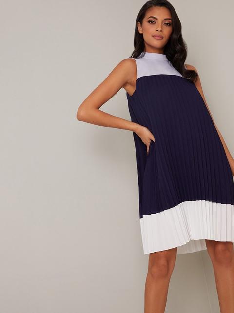 Pleated High Neck Panel Swing Dress In Blue