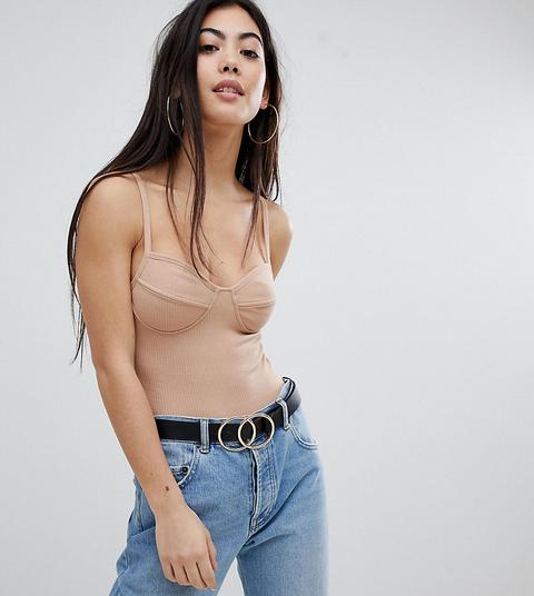 Asos Design Petite - Crinkle-body Mit Trägern - Beige