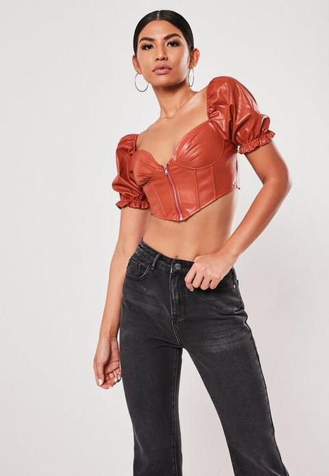 Rust Faux Leather Corset Milkmaid Top, Rust Orange