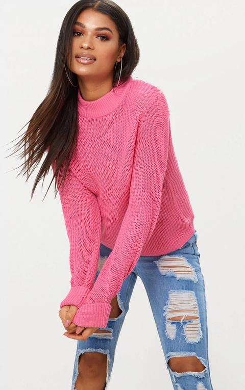 Pink Fisherman Rib Turnback Jumper, Pink