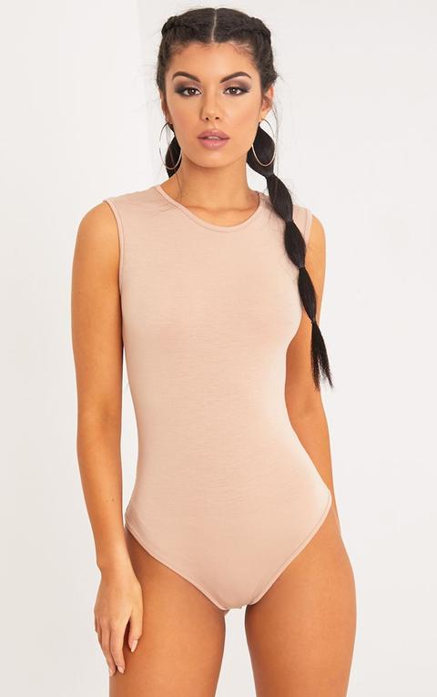 Basic Nude Round Neck Thong Bodysuit, Pink