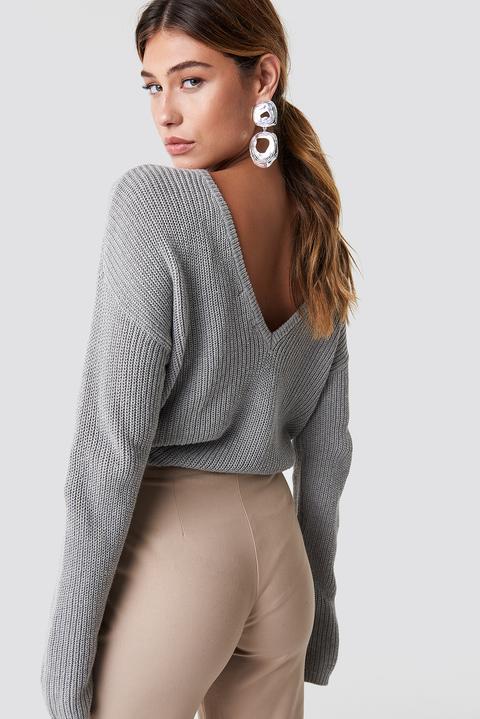 Na-kd Knitted Deep V-neck Sweater - Grey