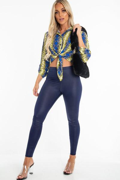 Navy Wet Look High Waist Leggings - Imogen