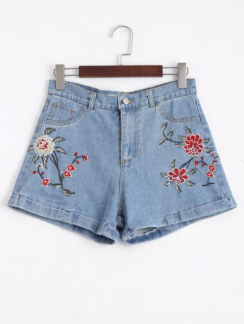 Floral Embroidered High Waisted Jean Shorts