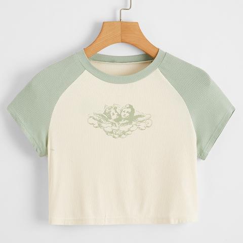 Angel Print Raglan Sleeve Crop Tee