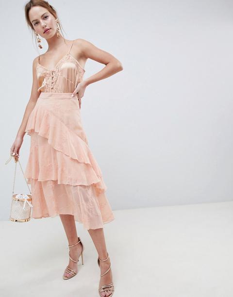 Asos Design - Gonna Midi Asimmetrica Con Volant Asimmetrici In Pizzo Ricamata - Rosa