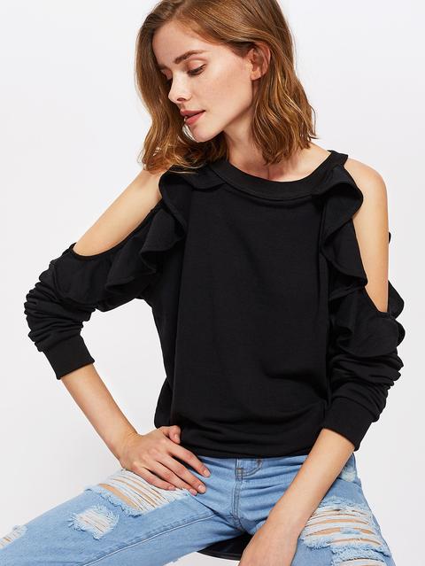 Open Shoulder Ruffle Trim Sweatshirt